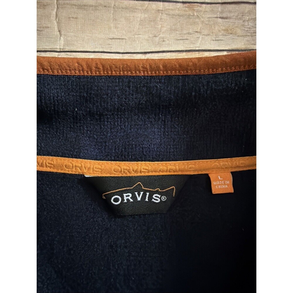 Orvis Sweater Men’s L Pullover 1/4 Zip Fleece Lined Blue Orange Outdoor Cabin - Picture 4 of 9